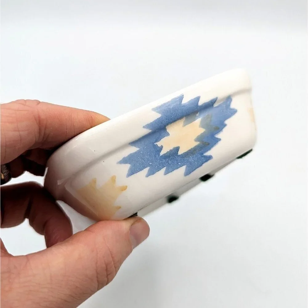 Vtg Hand Painted Ceramic CACTUS Soap Dish Southwestern 90s Aztec Sponge Holder